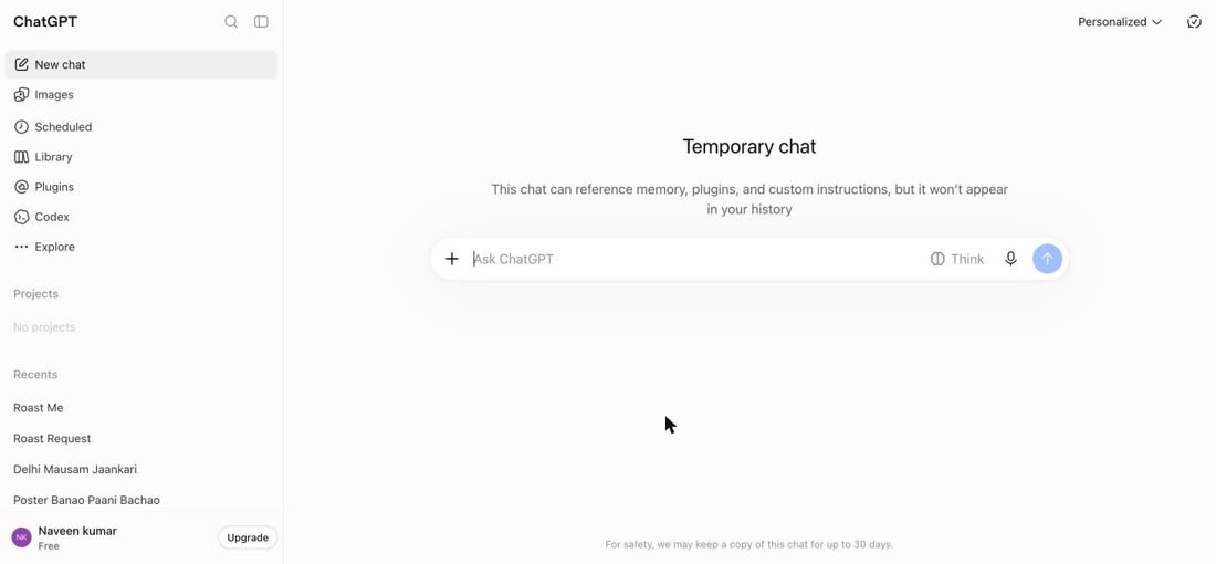 ChatGPT Temporary chat screen