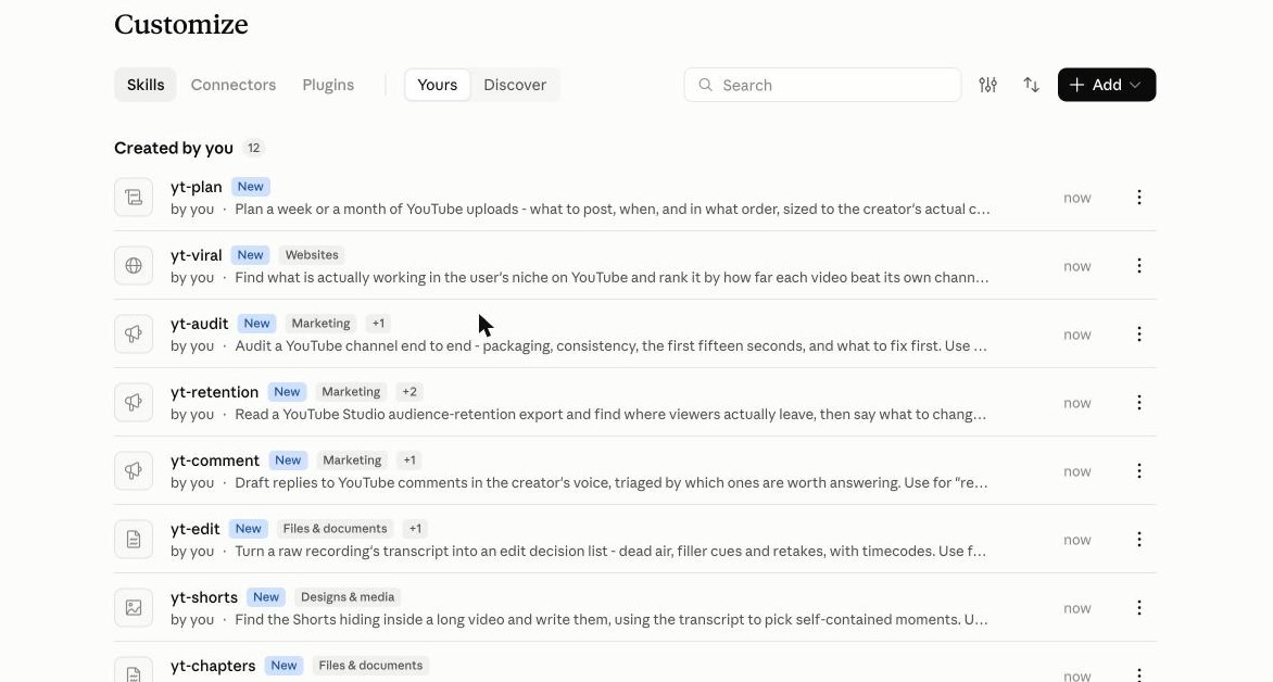 Skills list showing the 11 YouTube skills