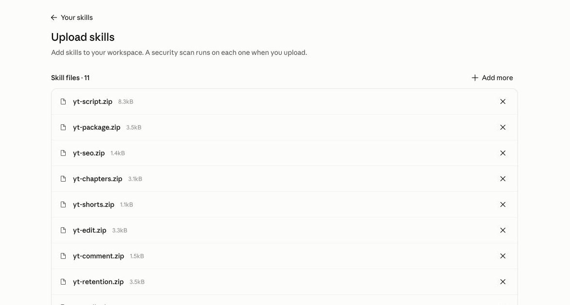 Upload skills page with 11 ZIP files selected