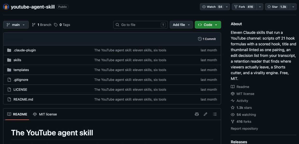 The youtube-agent-skill repository on GitHub with the Code button
