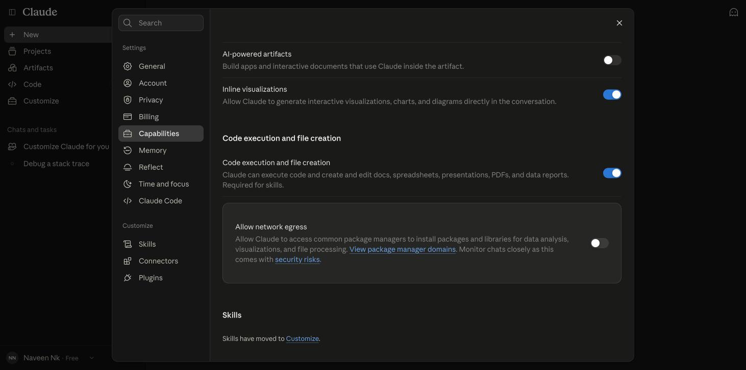 Claude settings with Code execution switched on