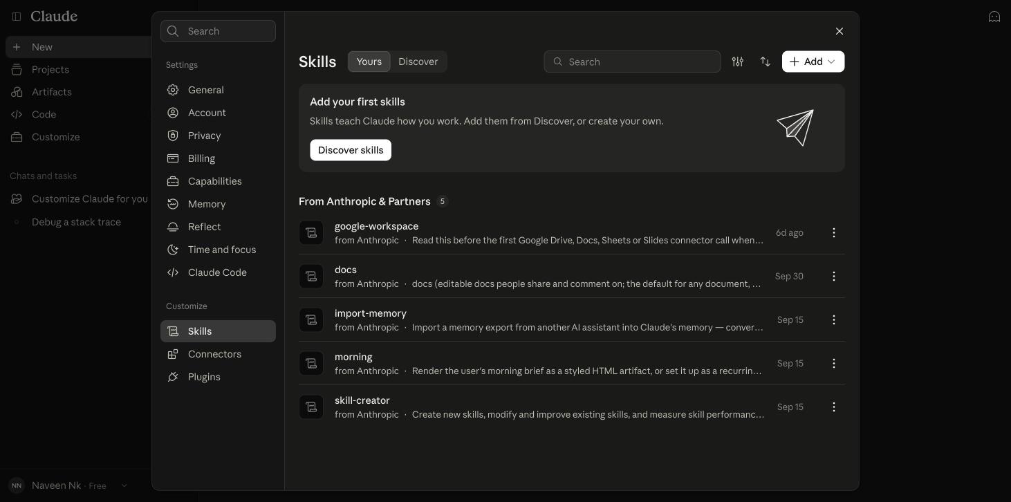 Claude Customize page with the Add menu